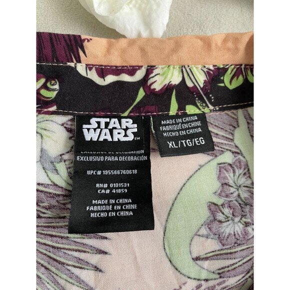 Star Wars Mens XL Hawaiian Shirt Grogu Baby Yoda Floral Print Peach & Green - Picture 6 of 8